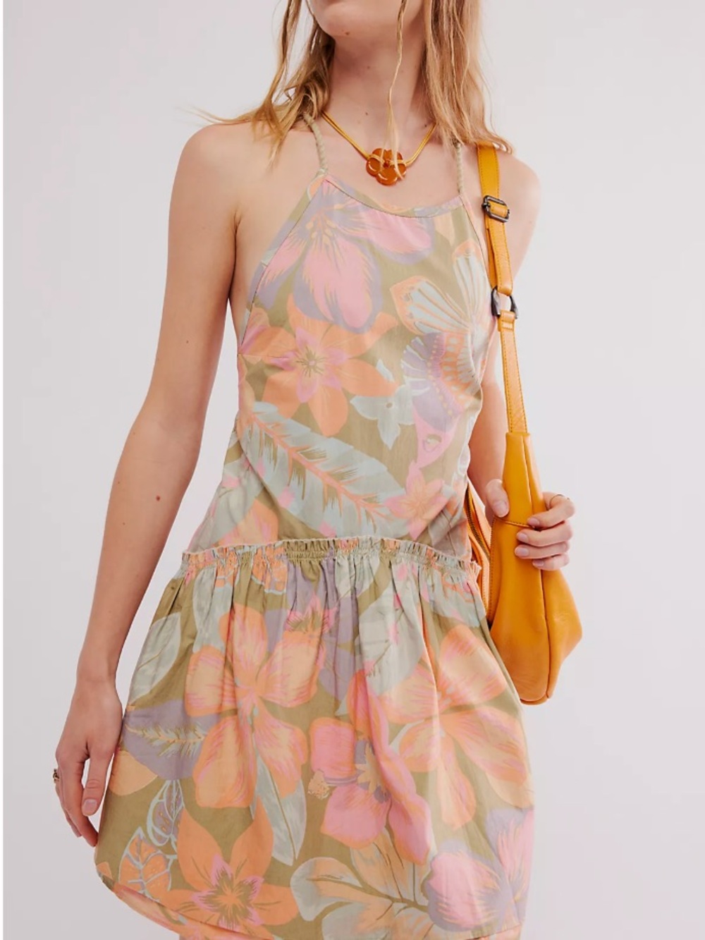 023. Free People Pastel Floral Halter Mini Dress in Peach, Pink & Olive